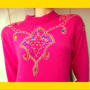 VTG 80s Bedazzled Jeweled Pink Angora Sweater NWT